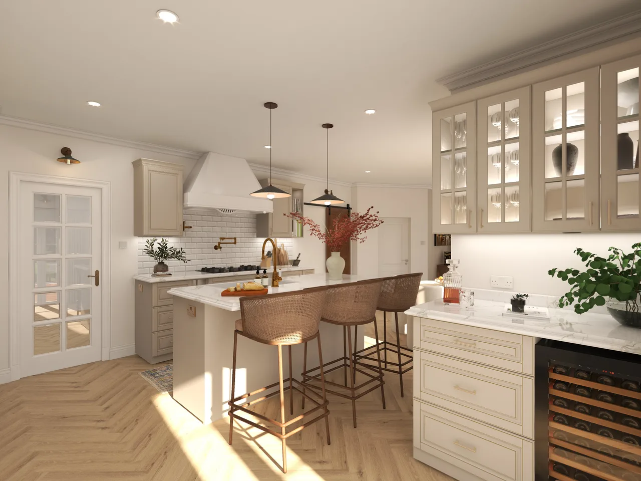 Juniper kitchen, pendant lights, white cabinetry, Juniper Kitchen