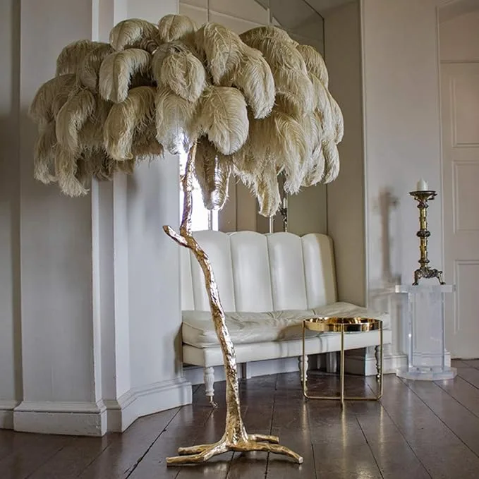 feather palm-tree floor lamp, in room setting - lighting comparison blog