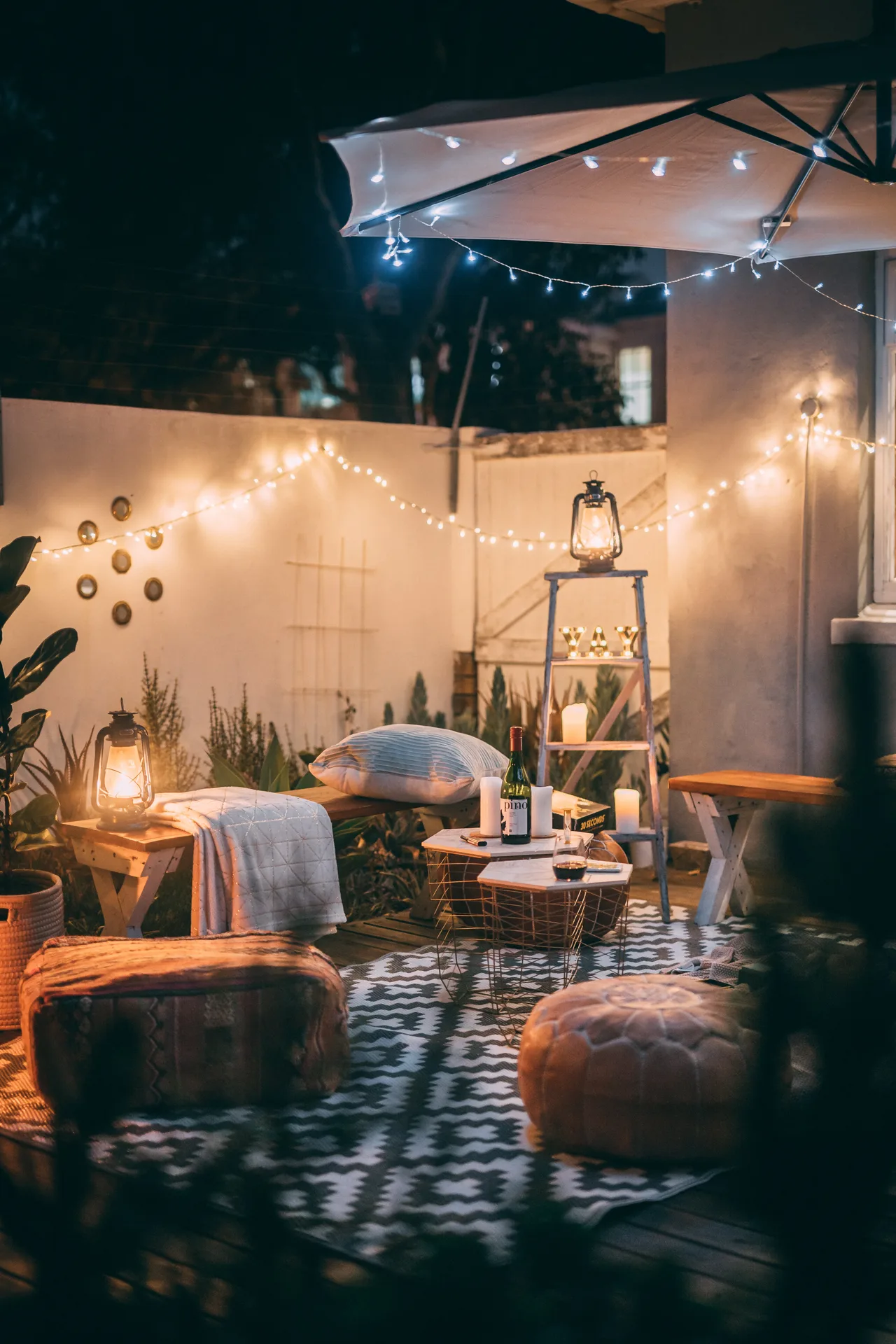 patio string lights at night, generic stock